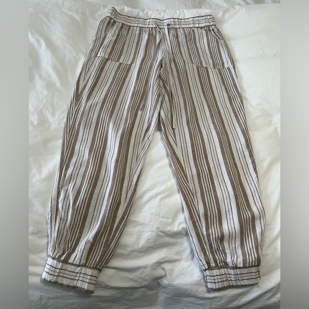 Per Se | Women's SZ M | Khaki White Thin Stripe Pull On Drawstring Linen Jogger